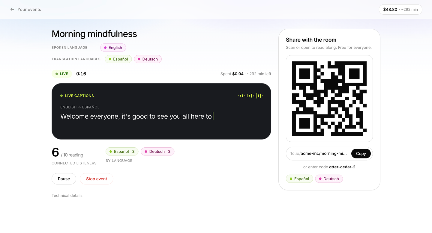 TRQR live event dashboard showing connected listeners, active languages and captions